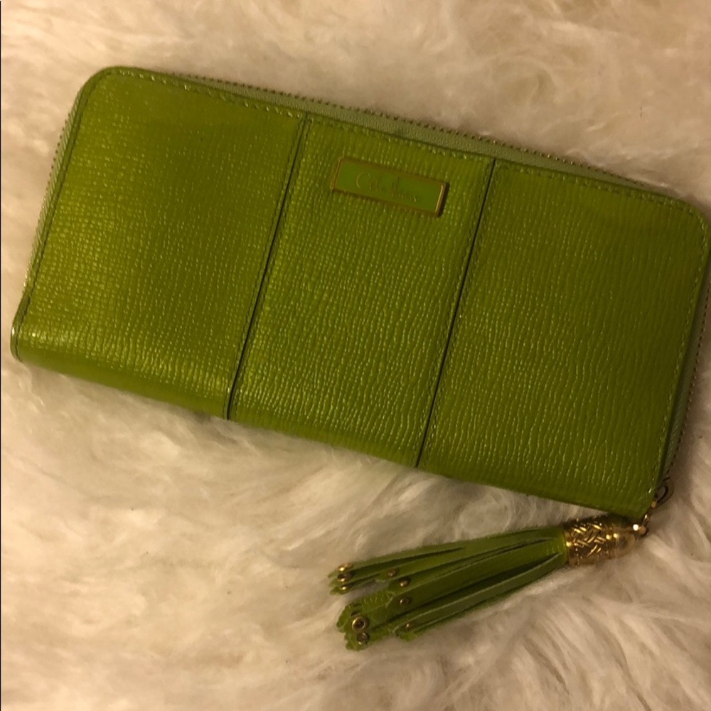 Cole Haan zipper wallet, shinny green leather
